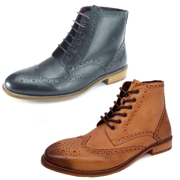 London Brogues Mens Leather Lace Up Wingtip Formal Gatsby Hi Brogue Boots