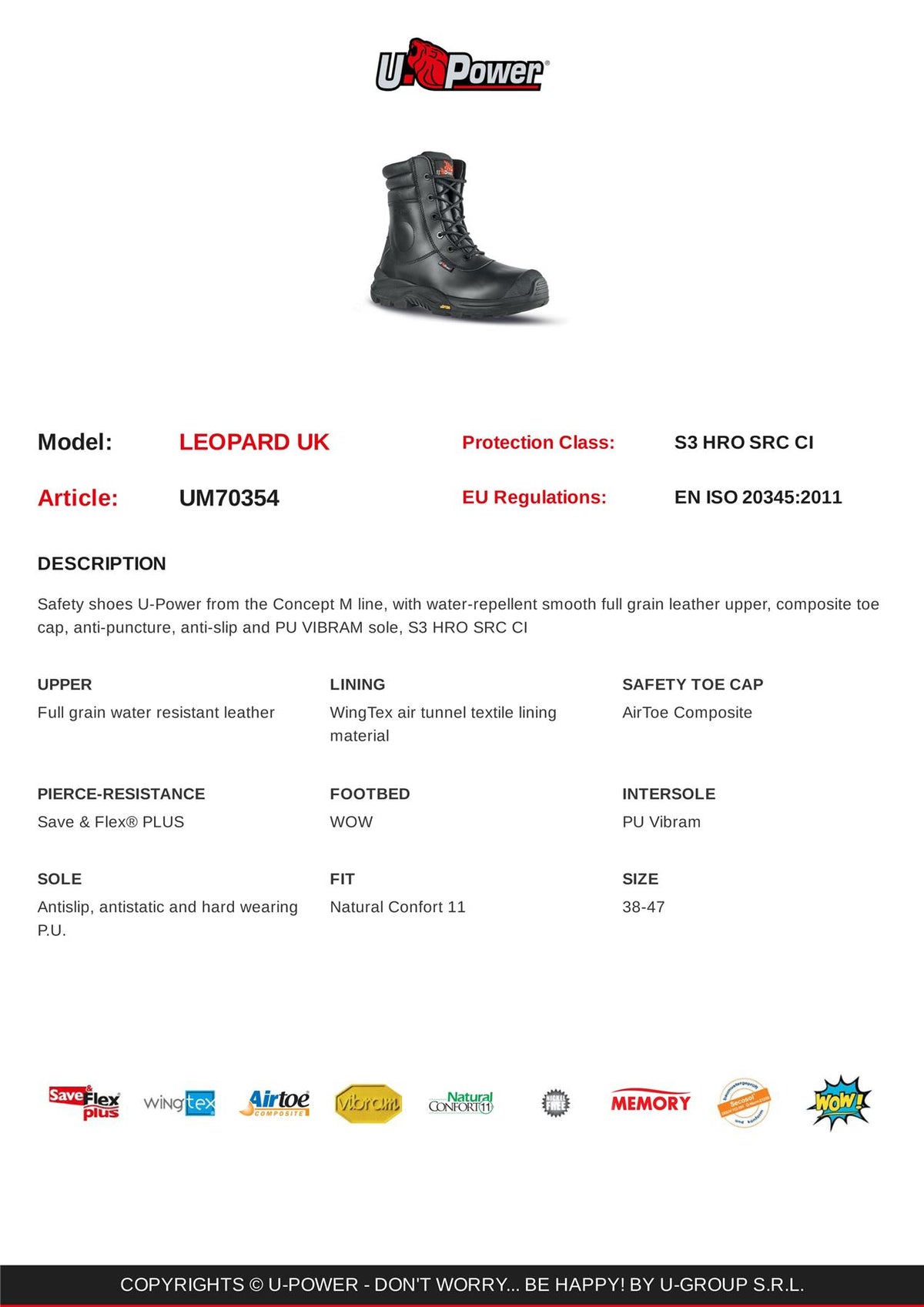 U-Power Leopard Leather Work Hi Leg Vibram Lace Up Toecap Midsole Work Boots