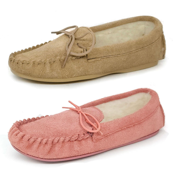 Coopers Suede Wool Lined Ladies Pink Moccasin Slippers Made In England