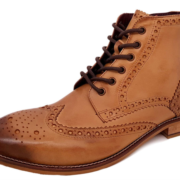 London Brogues Mens Leather Lace Up Wingtip Formal Gatsby Hi Brogue Boots