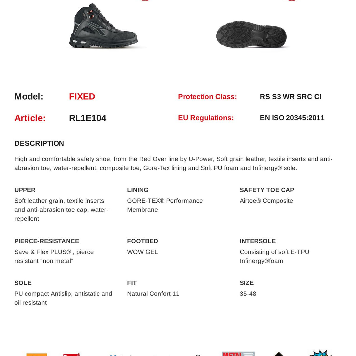 U-Power Fixed Gore-Tex Leather Lace Up Infinergy Mens Waterproof Safety Boots