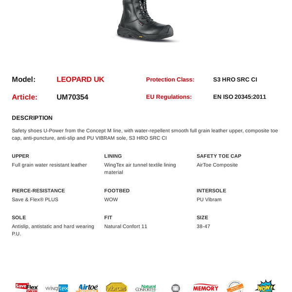 U-Power Leopard Leather Work Hi Leg Vibram Lace Up Toecap Midsole Work Boots