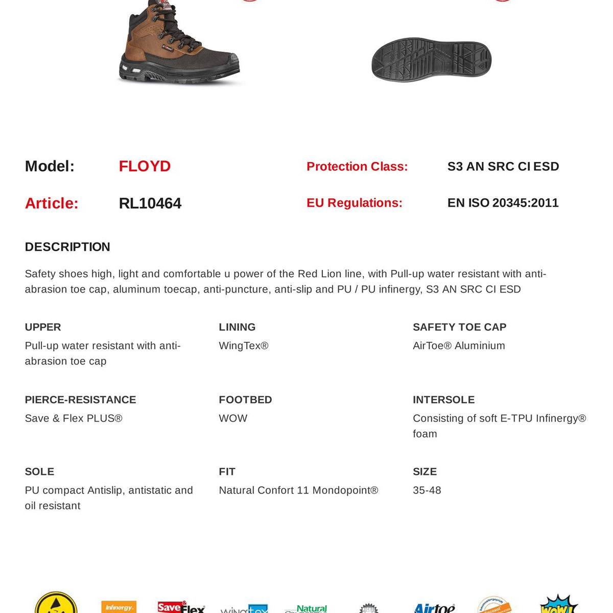 U-Power Floyd ESD Brown Lace Up Toecap Infinergy Midsole Lightweight Safety Boots