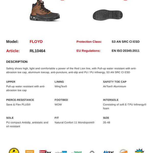 U-Power Floyd ESD Brown Lace Up Toecap Infinergy Midsole Lightweight Safety Boots