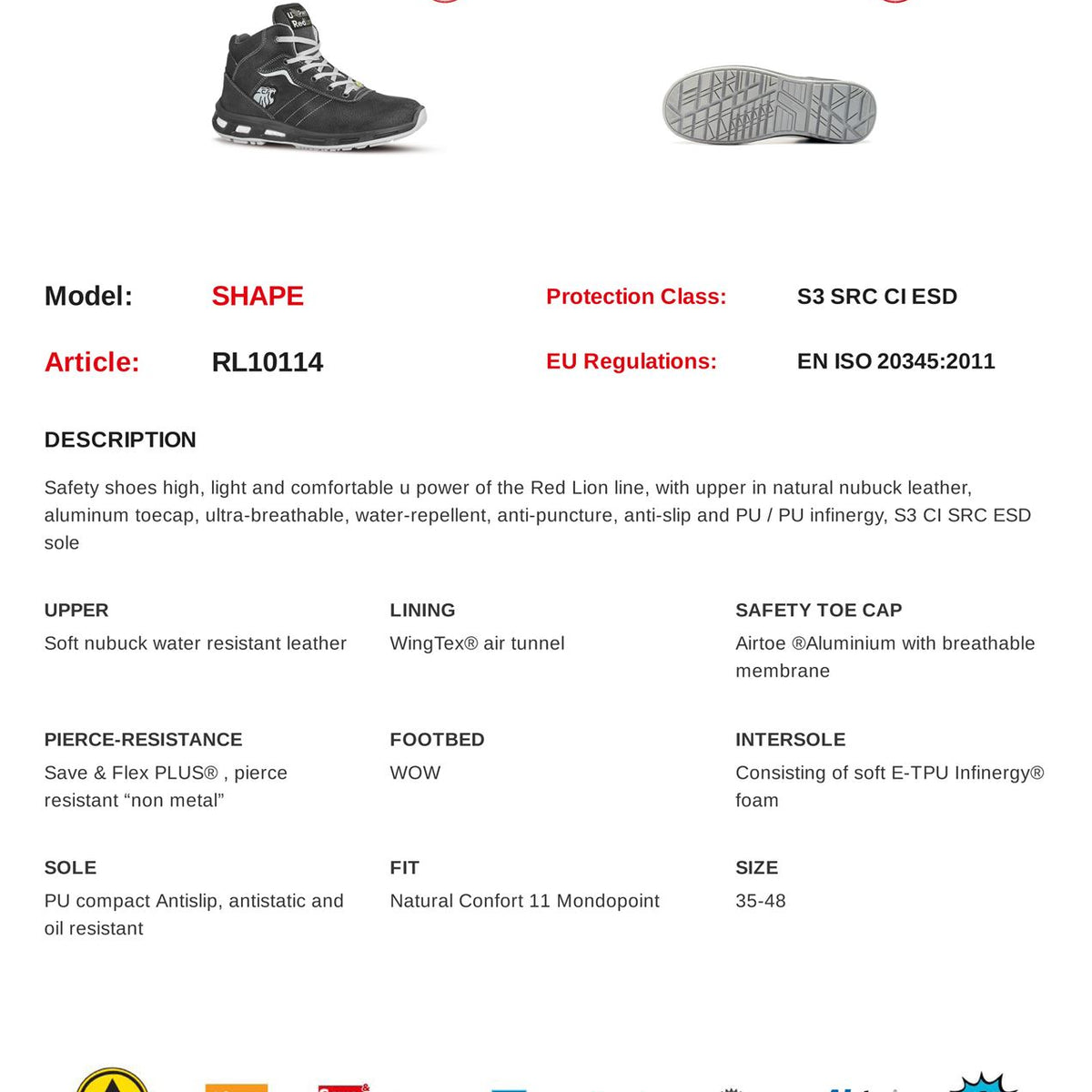 U-Power Shape Lightweight ESD Safety Toecap Midsole Infinergy Work Boots