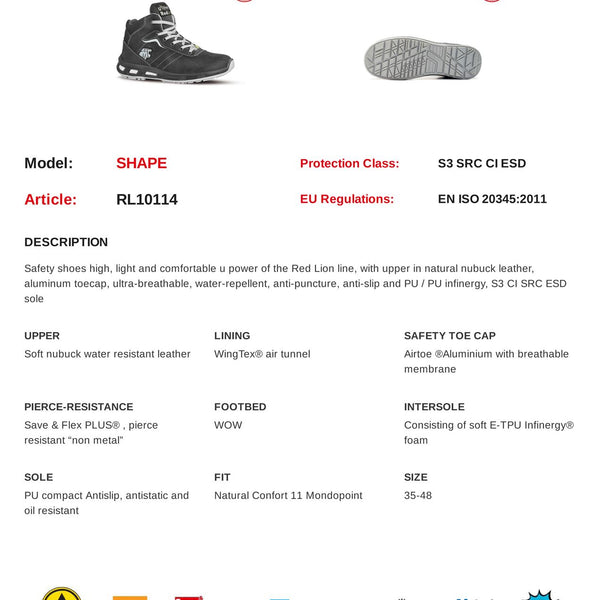 U-Power Shape Lightweight ESD Safety Toecap Midsole Infinergy Work Boots