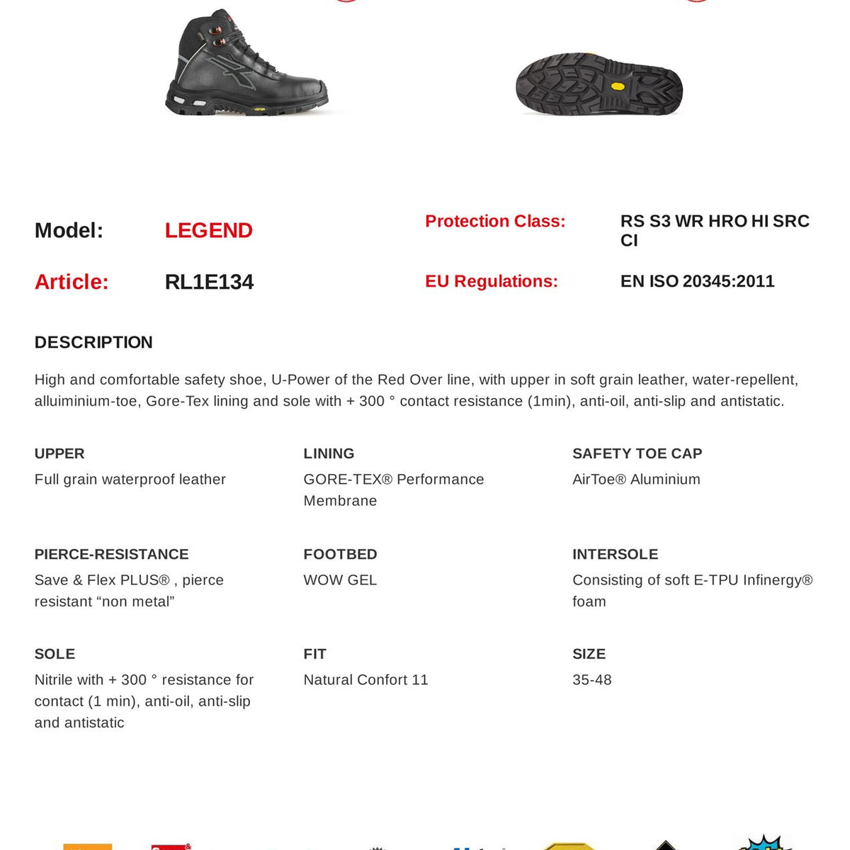 U-Power Legend Gore-Tex Vibram Leather Lace Up Infinergy Mens Safety Boots