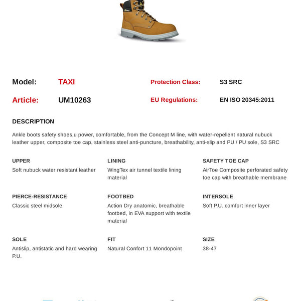 U-Power Taxi Lace Up Midsole Toecap Work PU S3 Lightweight Safety Boots