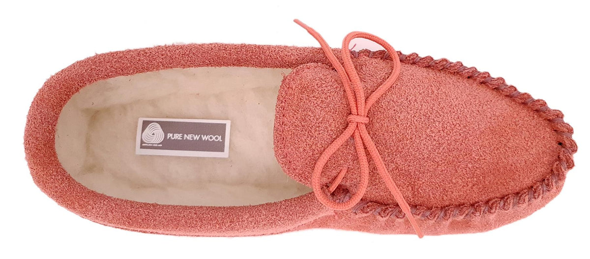 Coopers Suede Wool Lined Ladies Pink Moccasin Slippers Made In