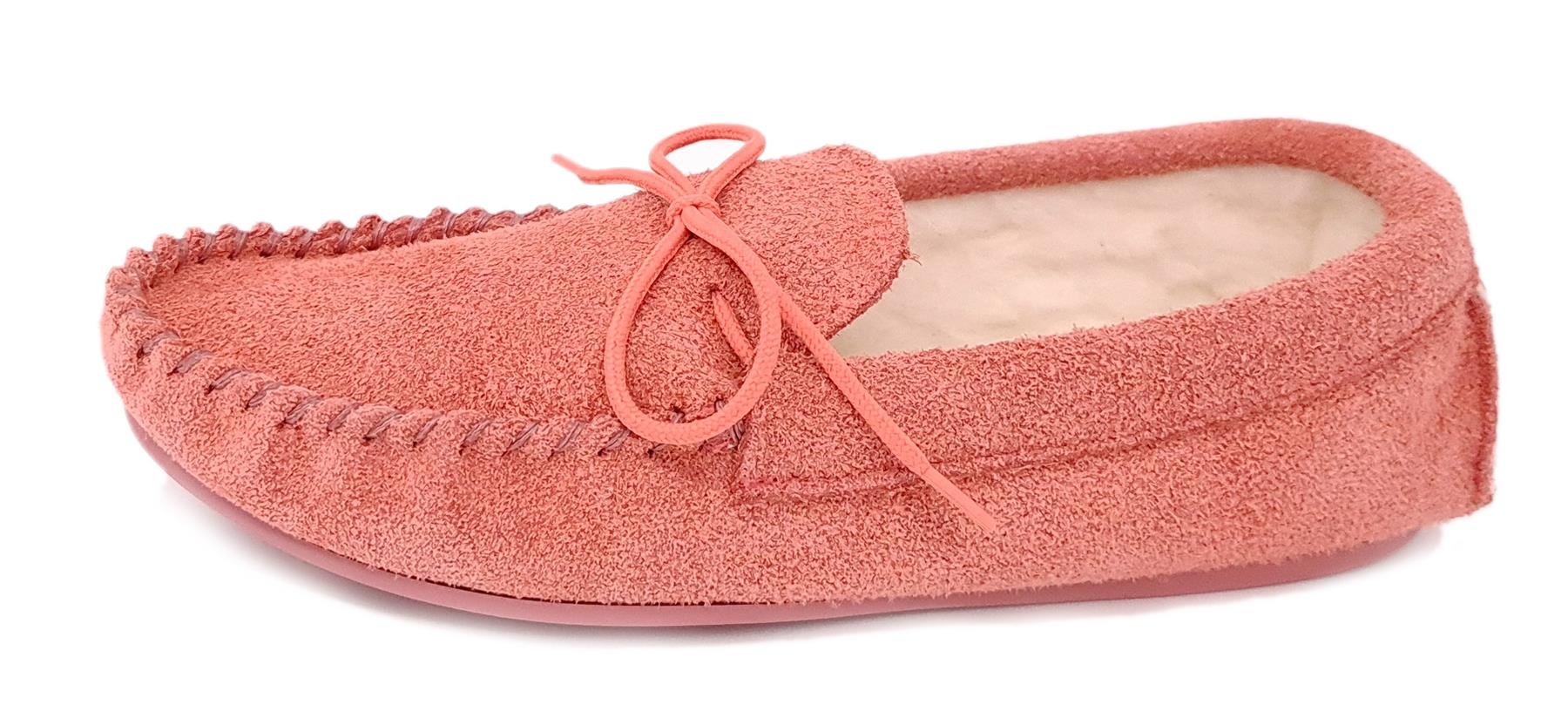 Coopers Suede Wool Lined Ladies Pink Moccasin Slippers Made In England Foot Box