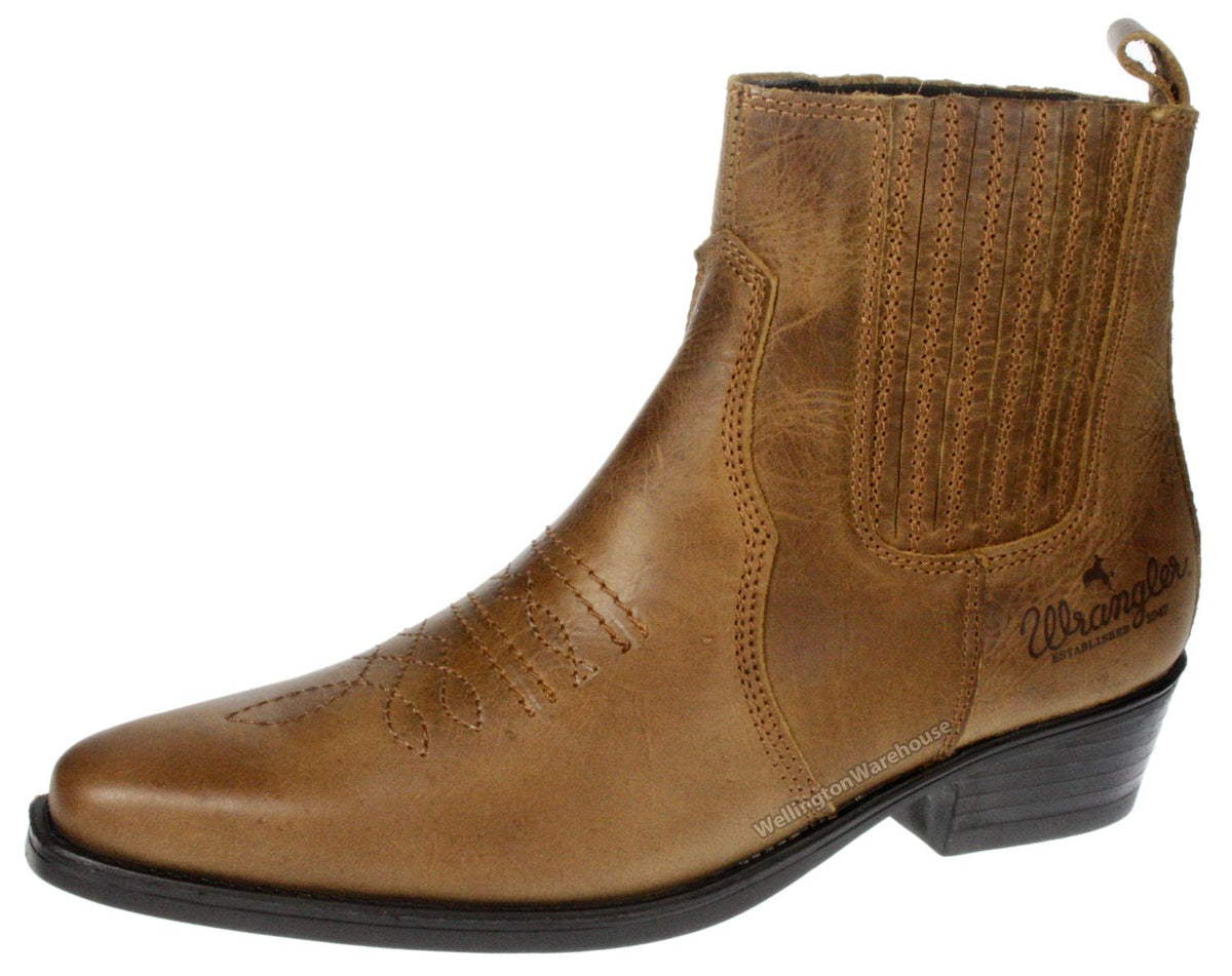 Wrangler Tex Mid Leather Pull on Mens Cowboy Western Chelsea Pointed Boots